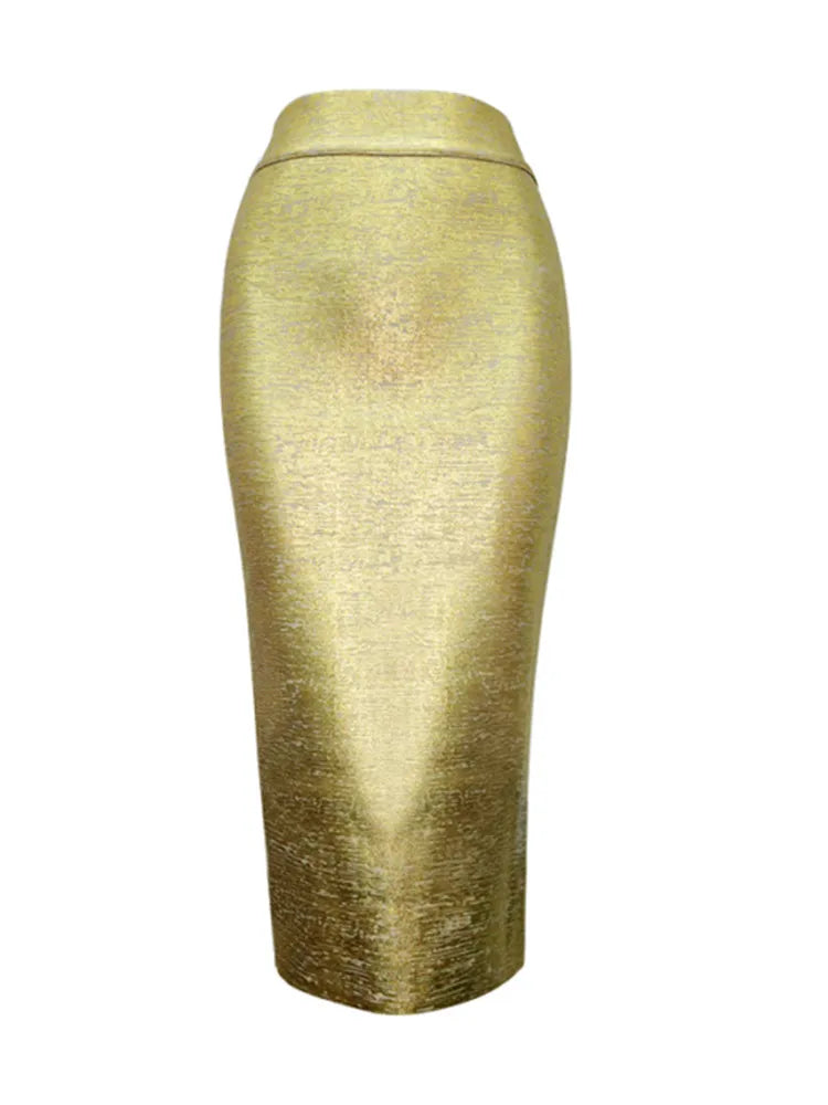 Skovae | Dame Sommerrør Sexy Sølv Guld Bronzer Midi Bandage Nederdel High Street Designer Slank Fest Midi Blyantnederdel 78Cm