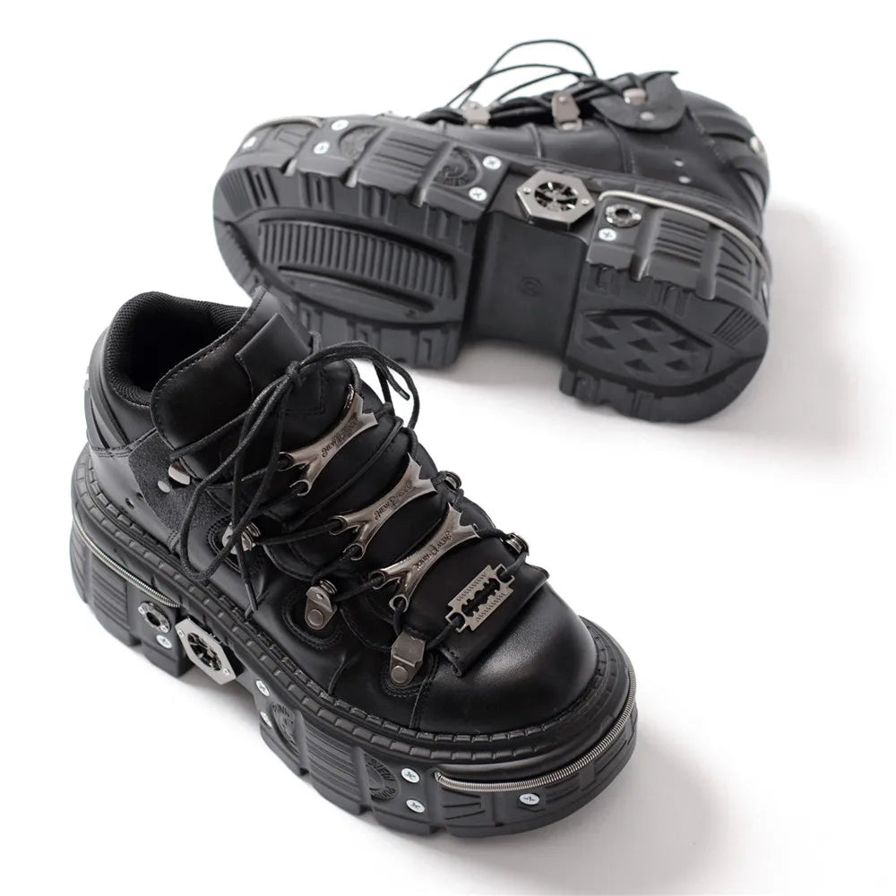 Skovae | Kvinder Ankelstøvler til kvinder Tykkesål Snørebånd Metal Dekoration Runde Tæer Plattform Sko Ladeis Punk Gothic Sneakers