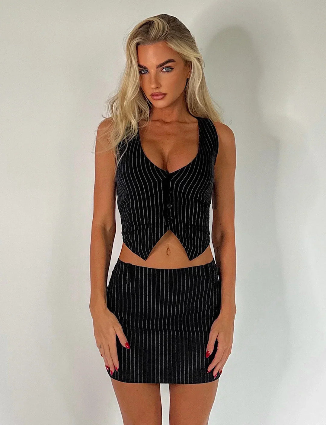 Stilla | Sexet Stribet Crop Veste Med Nederdel