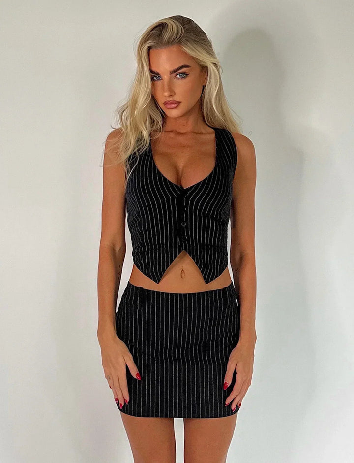 Stilla | Sexet Stribet Crop Veste Med Nederdel