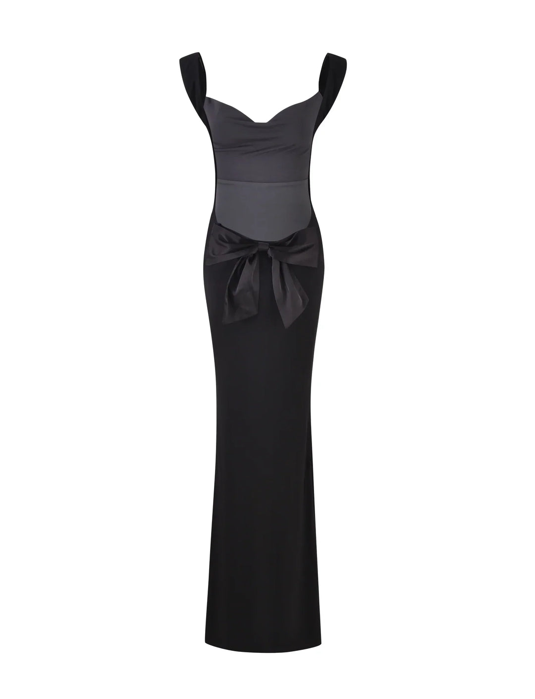 Stilla | Sort Satin Maxi Kjole med Sløjfe
