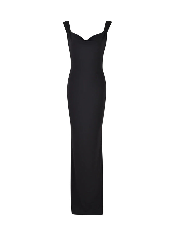 Stilla | Sort Satin Maxi Kjole med Sløjfe