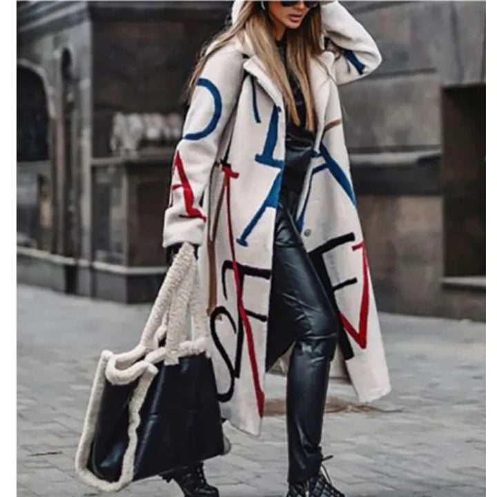 Stilla | Lang trenchcoat uldblanding plus størrelse pasform abstrakt design åben front