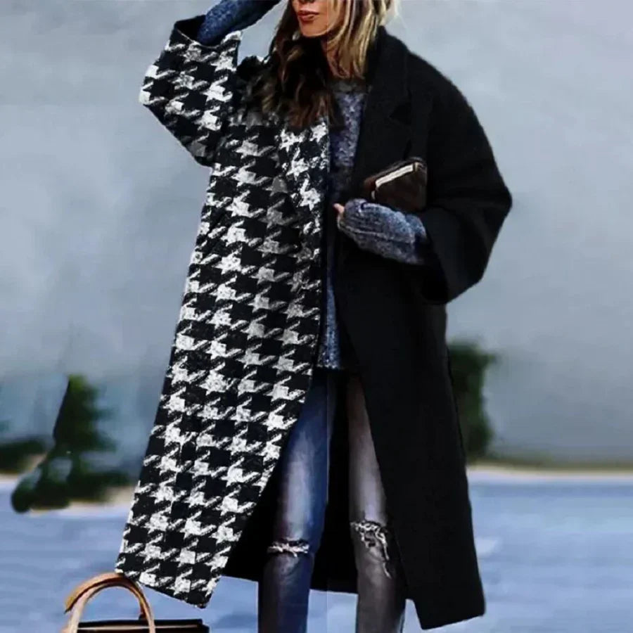 Stilla | Lang trenchcoat uldblanding plus størrelse pasform abstrakt design åben front