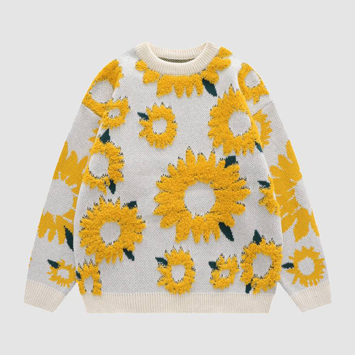 Stilla | Smart Strikpullover Med Et Lysende Solsikkemønster