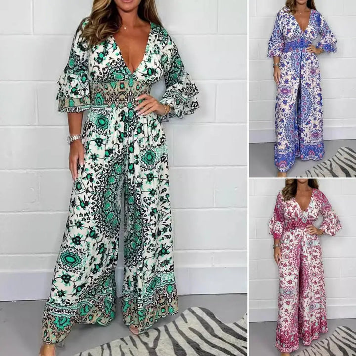 Stilla | Jumpsuit med Print og Dyb V-Udskæring