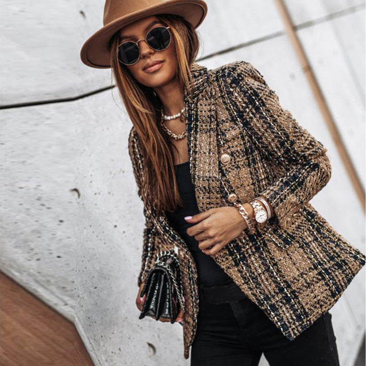 Stilla | Tweed Check Dobbeltbrystet Blazer – Vintage Fit, Gyldne Knapper