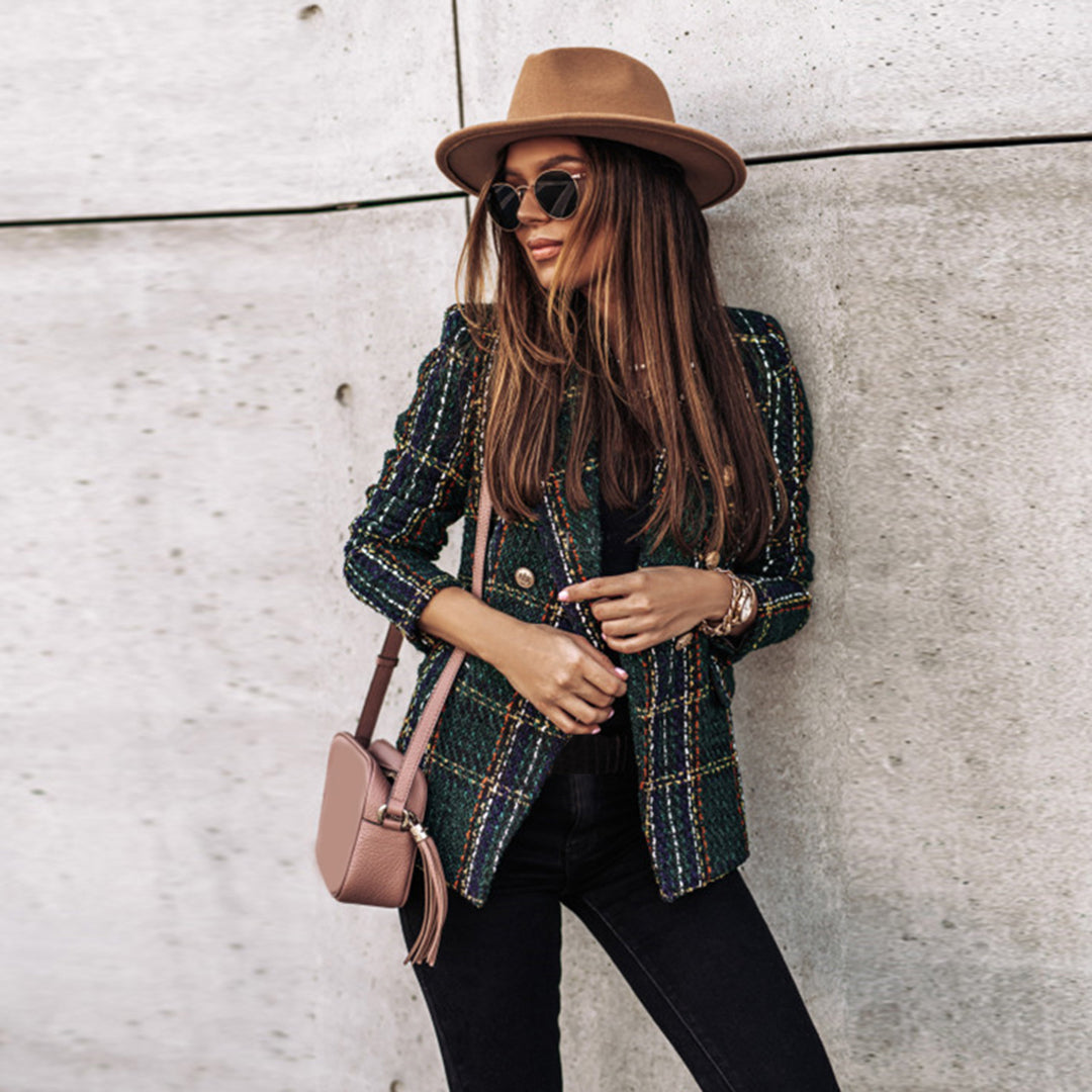 Stilla | Tweed Check Dobbeltbrystet Blazer – Vintage Fit, Gyldne Knapper