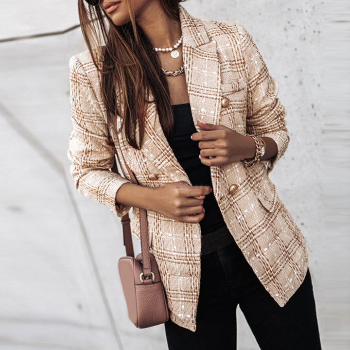 Stilla | Tweed Check Dobbeltbrystet Blazer – Vintage Fit, Gyldne Knapper