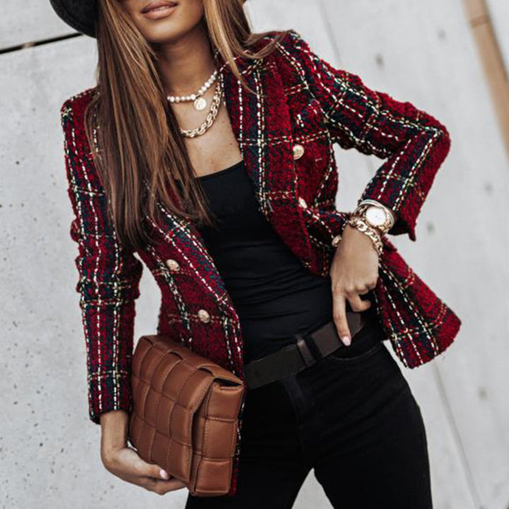 Stilla | Tweed Check Dobbeltbrystet Blazer – Vintage Fit, Gyldne Knapper