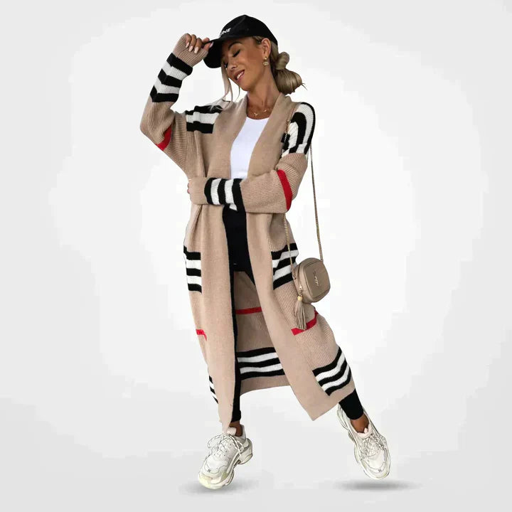 Stilla | elegant lang strik cardigan med striber