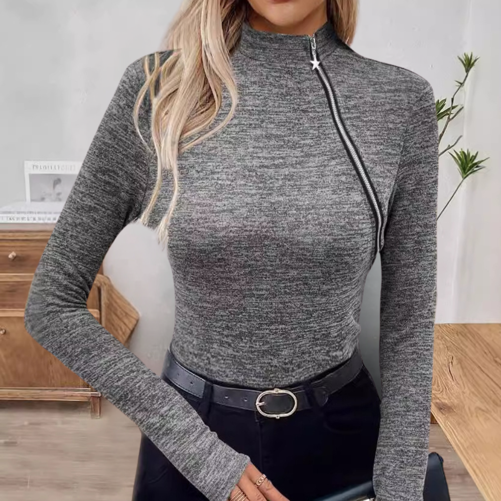 Stilla | Sofistikeret Skrå Lynlås Pullover til Kvinder