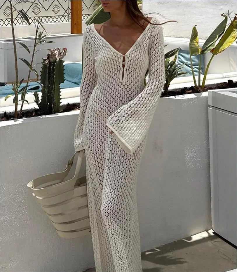 Skovae | Maxi Strikkjole Hækletekstur V-Udskæring Lange Ærmer Strømmende Boho Stil