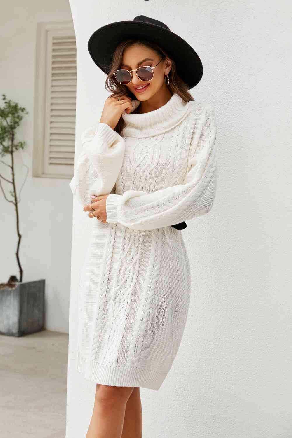 Stilla | Højre Mixed Strik Turtleneck Lantern Ærme Sweater Kjole