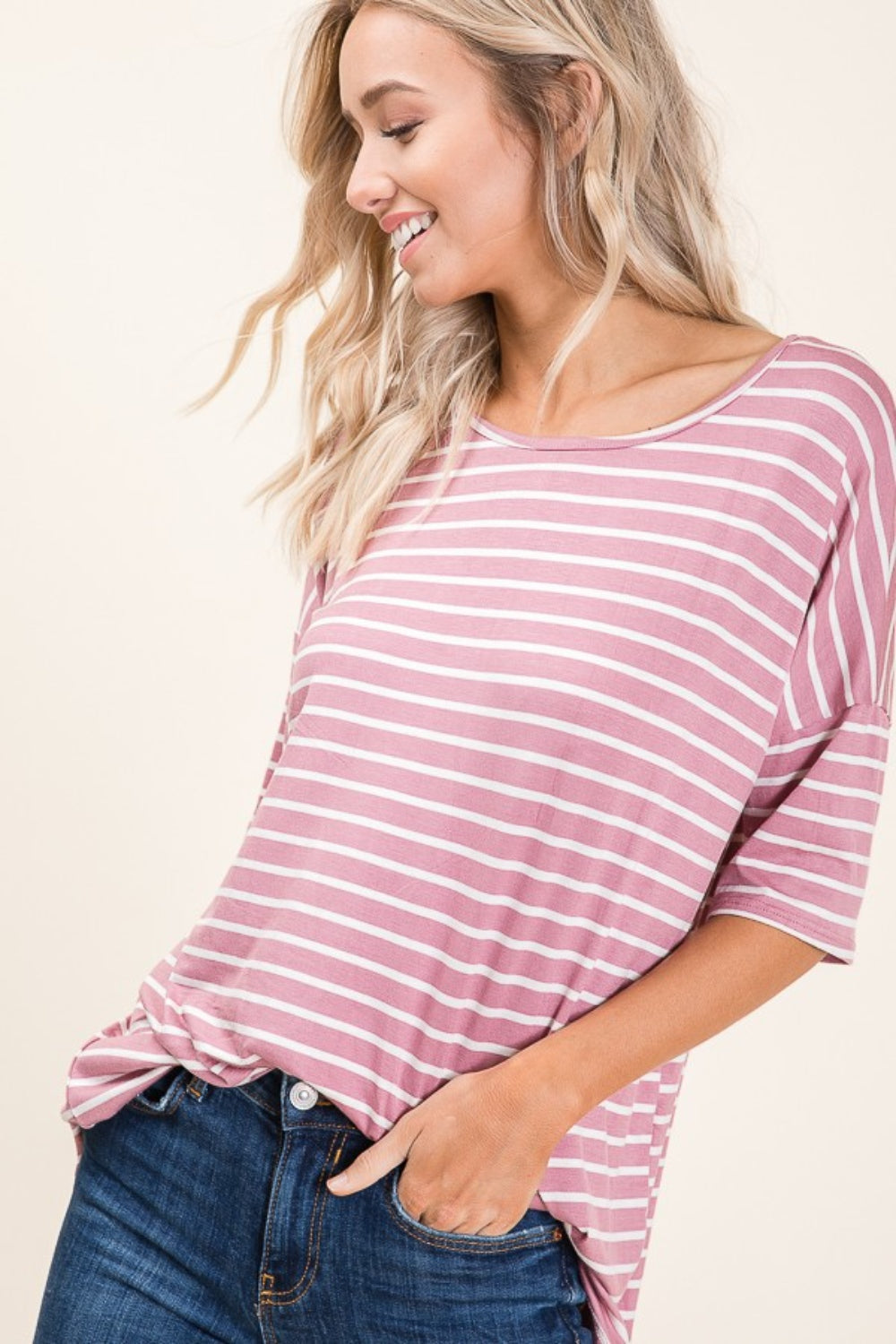 Stilla | Stribet Rund Hals Halv Ærme T-Shirt