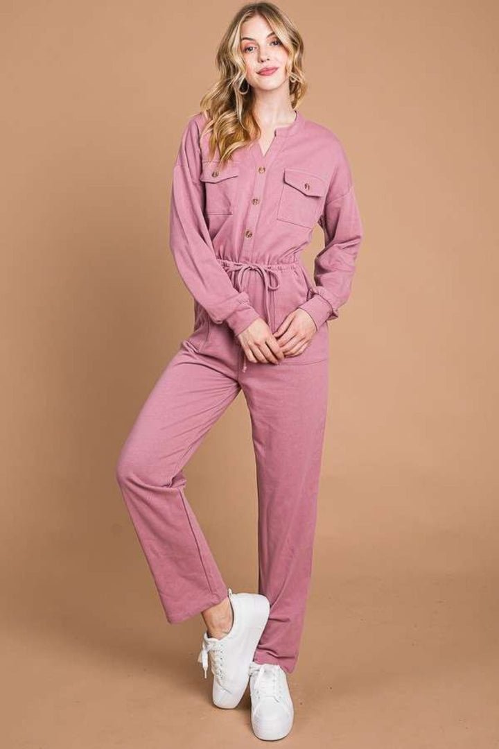 Stilla | Code Full Size Knapper Op Drawstring Talje Lige Jumpsuit