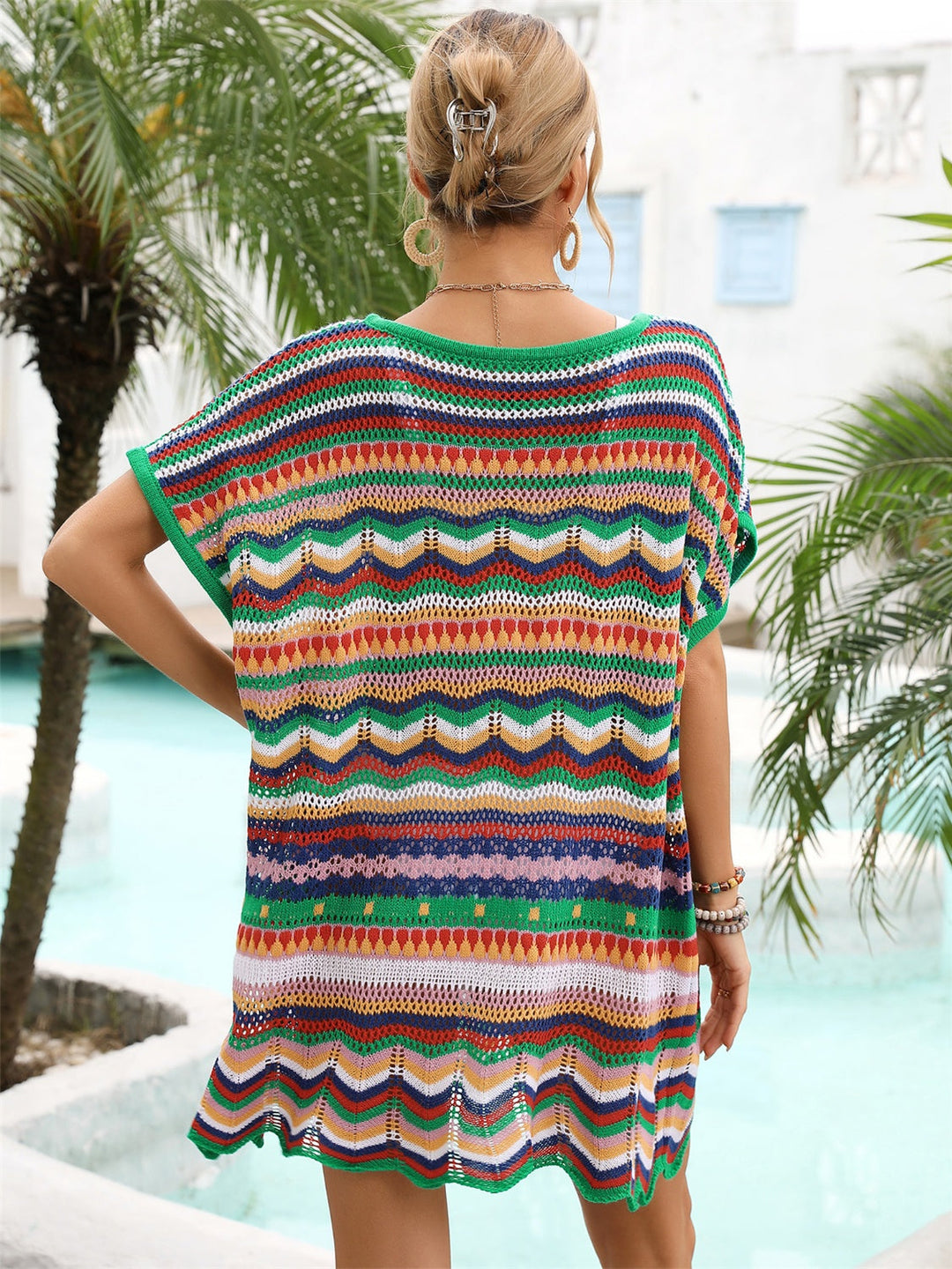 Stilla | Stribet Scalloped V-hals Cover-up Kjole