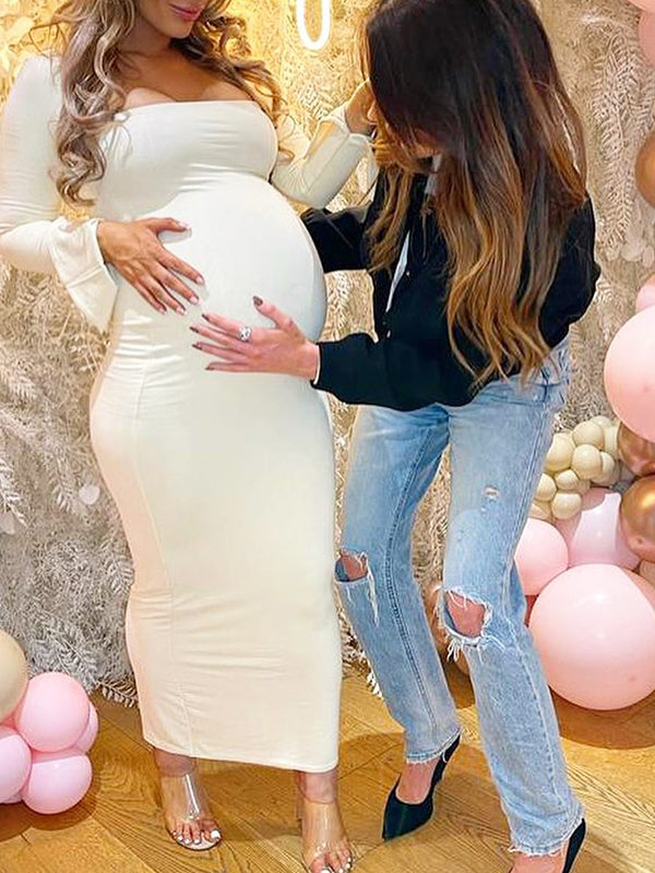Stilla | Bianco Elegante Lang Kjole Graviditet Lange Ærmer Tynd Slids Fyrkantet Krave Velegnet Til Fotoshoots Elegante Graviditetskjoler