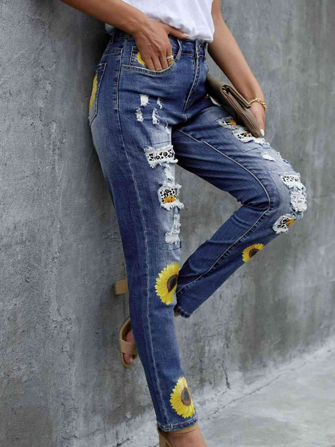 Stilla | Patchwork Solsikke Print Slidt Høj Talje Jeans