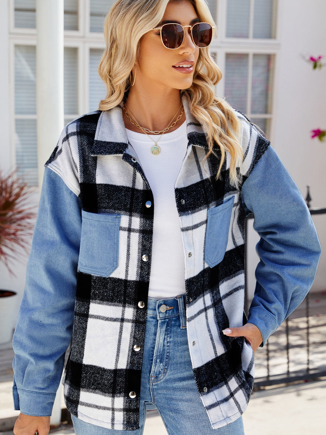 Stilla | Plaid Snap Down Denim Jakke