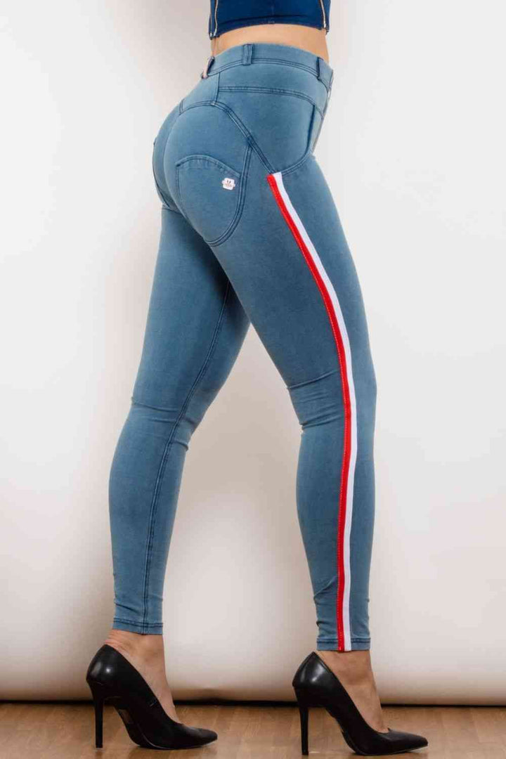 Stilla | Stribet Kontrast Knapper Skinny Jeans