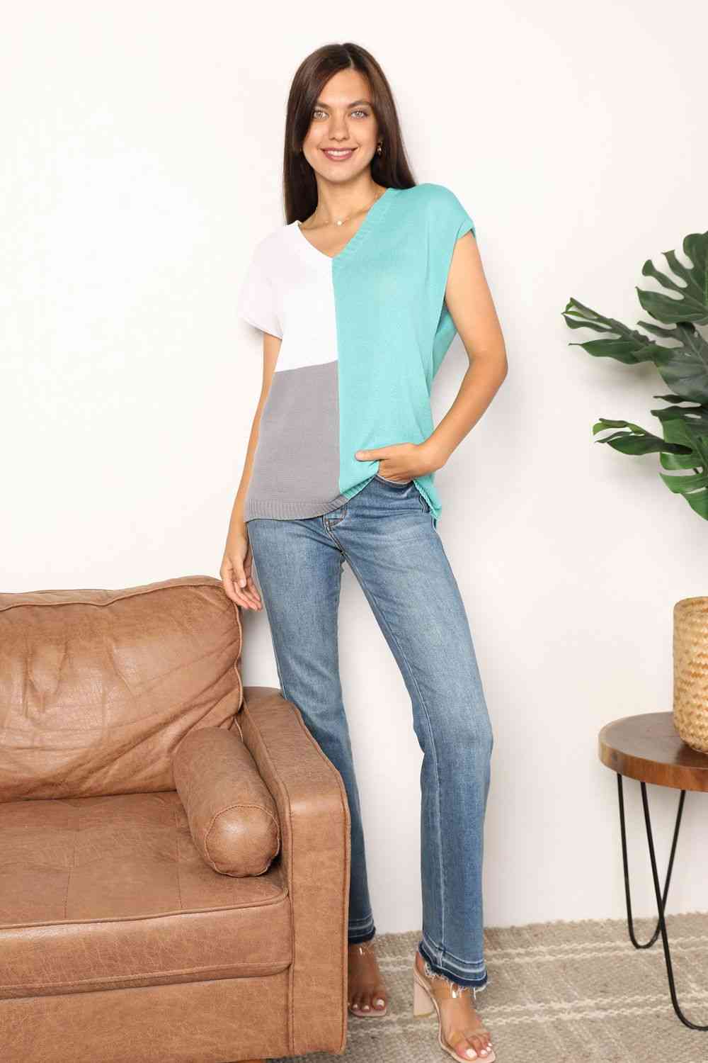 Stilla | Tag Farve Blok V-hals Strik Top