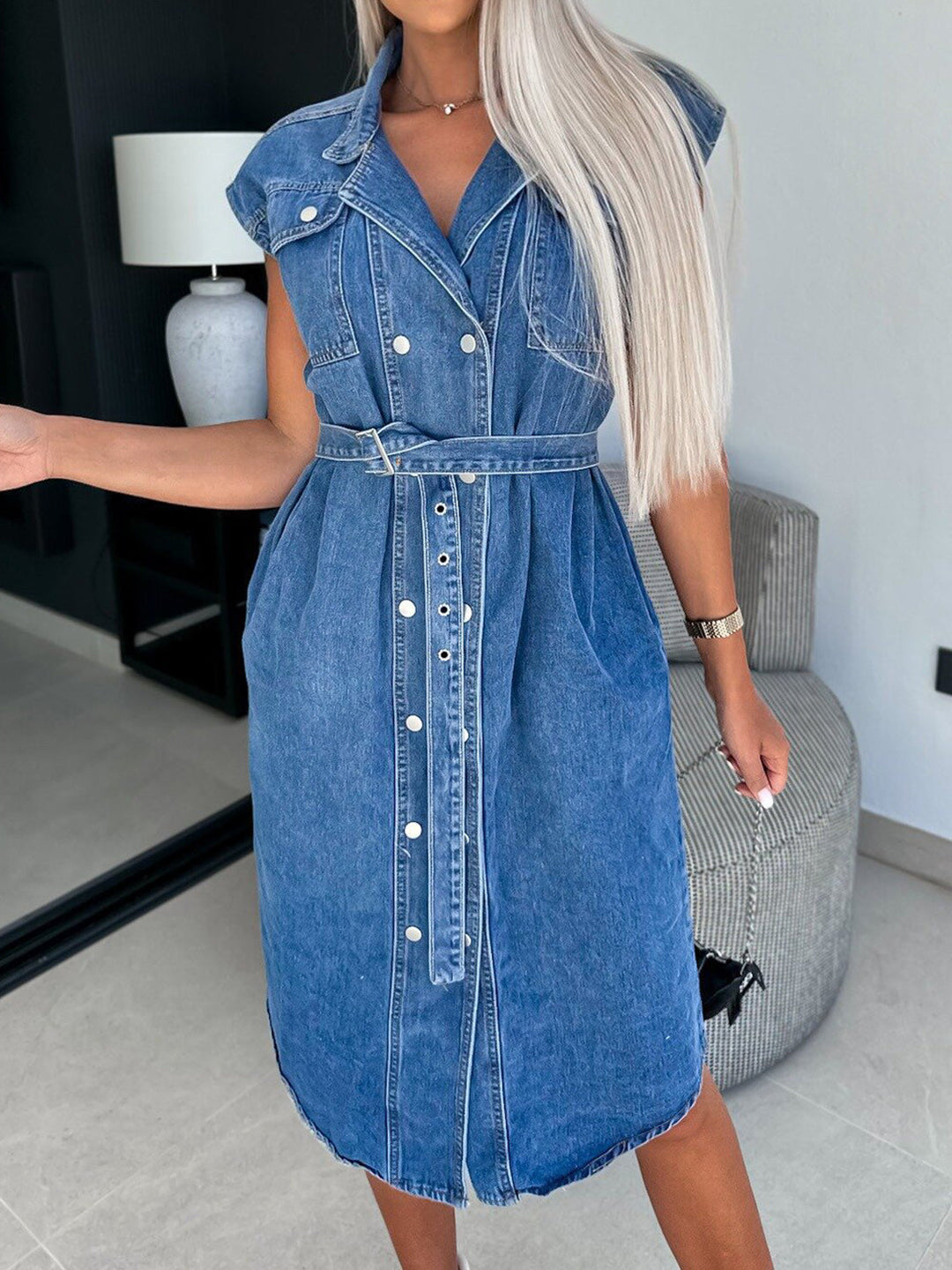 Stilla | Hals Cap ærme Denim Kjole