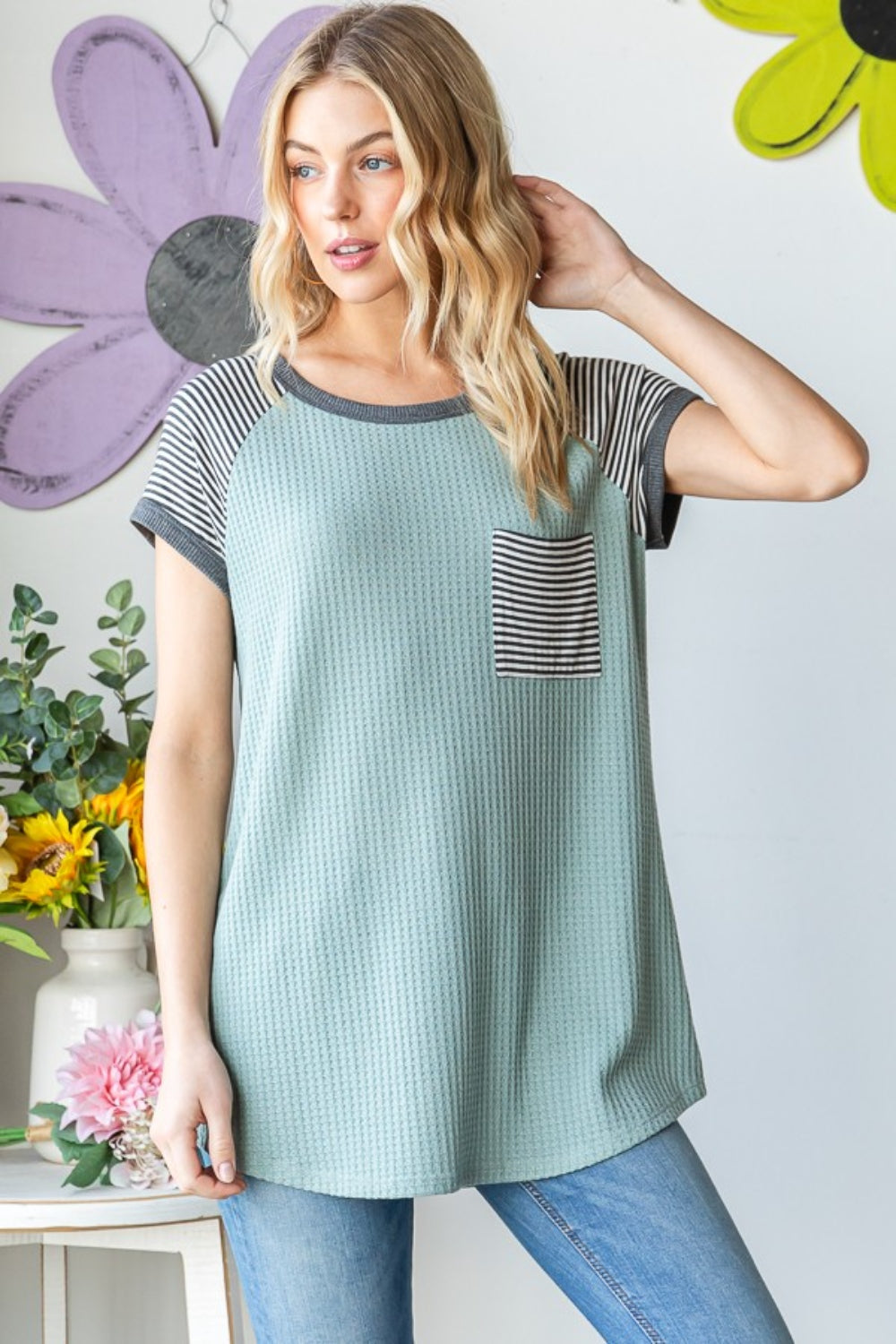 Stilla | Full Size Stribet Kortærmet Vaffel T-Shirt