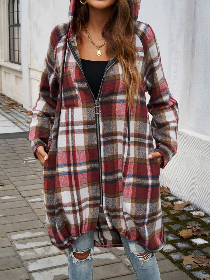 Stilla | Plaid Zip Up Hooded Coat