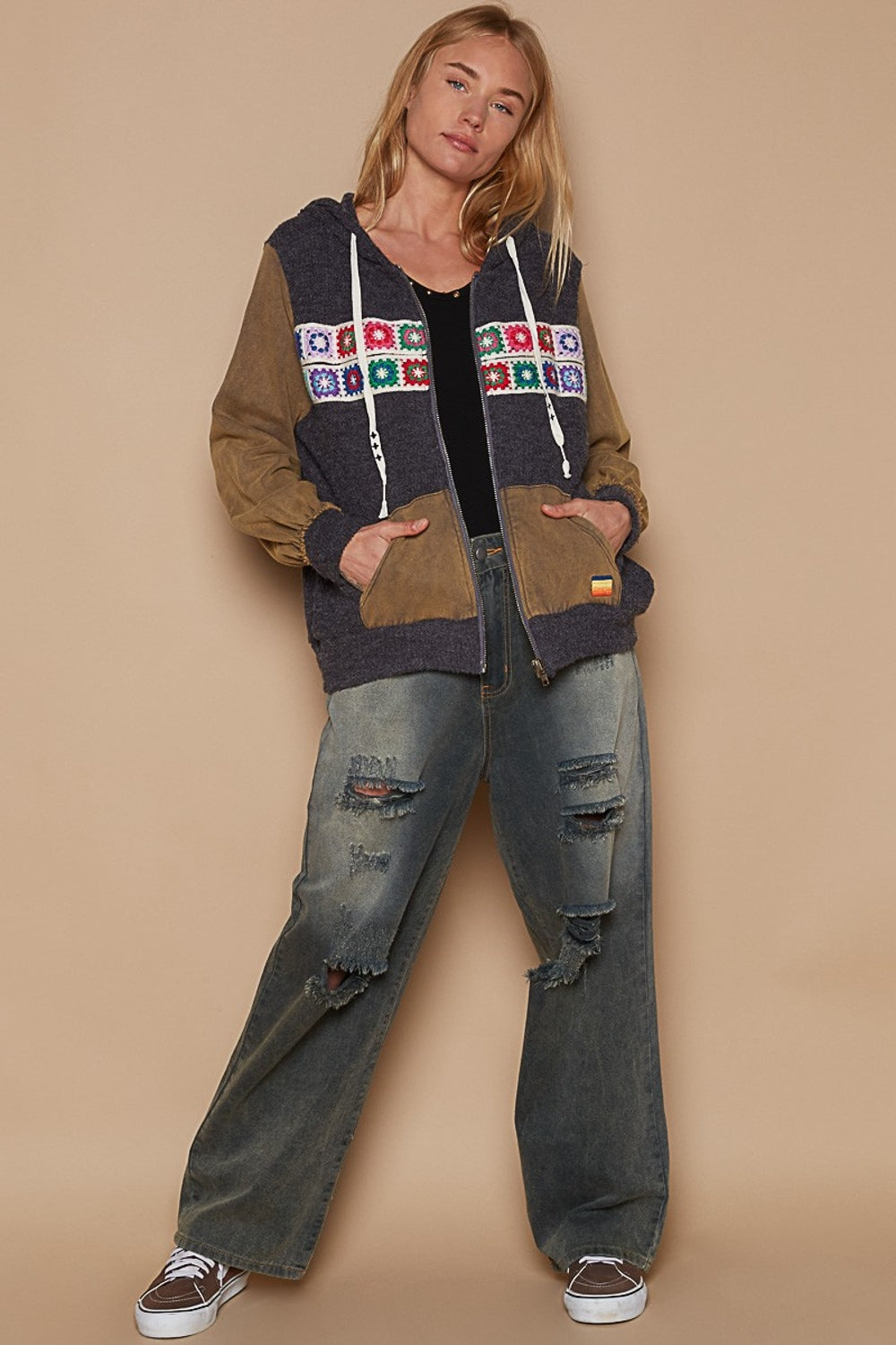 Stilla | Kontrast Firkan Patch Mønster Hu Hooded Zipper Jakke