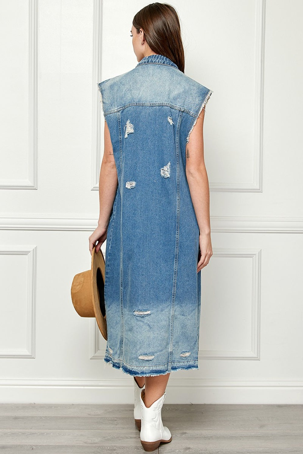 Stilla | Full Size Distressed Without Sleeves Longline Denim Jacket