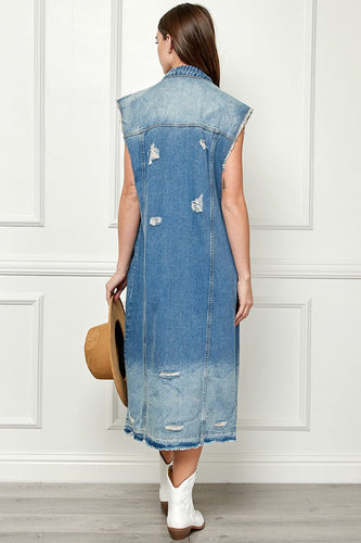 Stilla | Full Size Distressed Without Sleeves Longline Denim Jacket