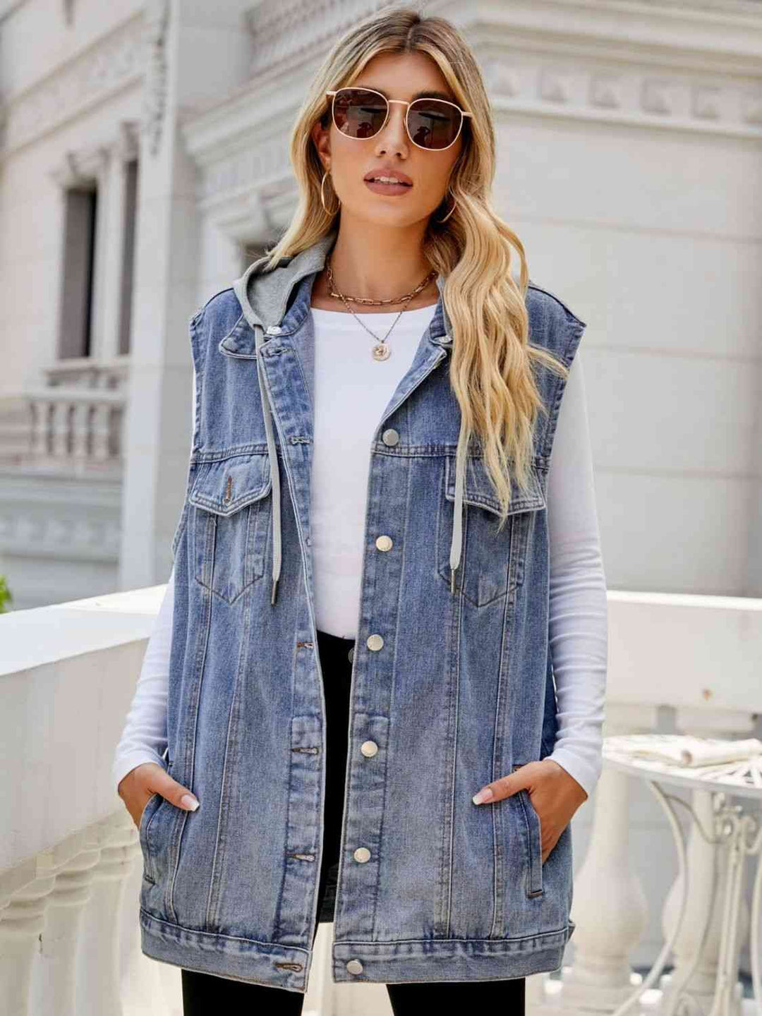 Stilla | Hættetrøje Uden Ærmer Denim Med Lommer
