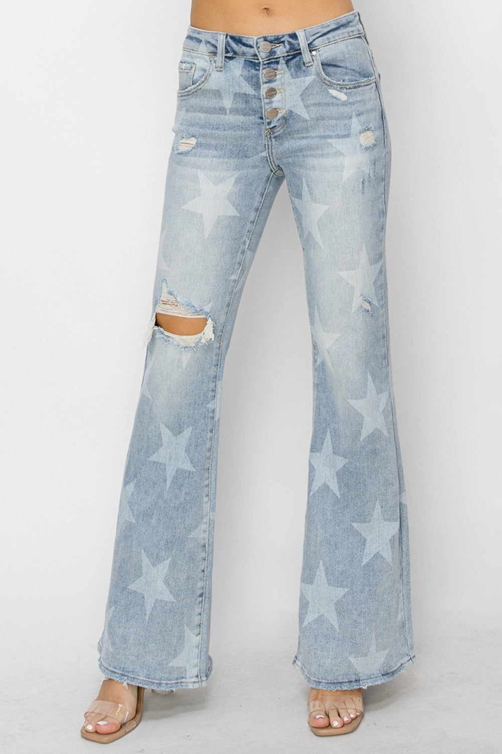Stilla | Medium Høj Knap Lukning Start Print Flare Jeans