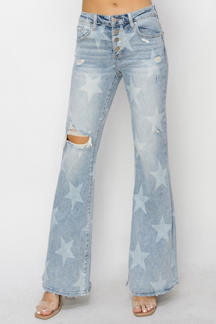 Stilla | Medium Høj Knap Lukning Start Print Flare Jeans