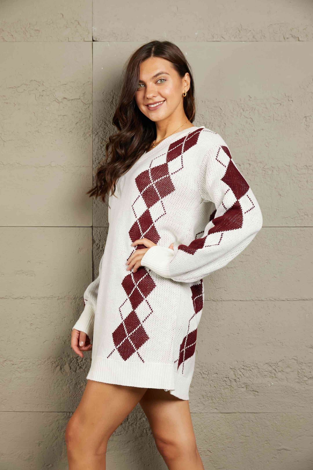 Stilla | Højre Argyle V-hals Ribbet Kant Sweater Kjole