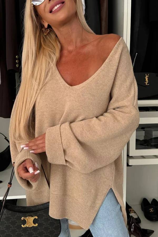 Stilla | Pullover Strikket Til Koldt Vejr, Ensfarvet, Lange Ærmer, Uregelmæssig Og Løs V-hals Pullover