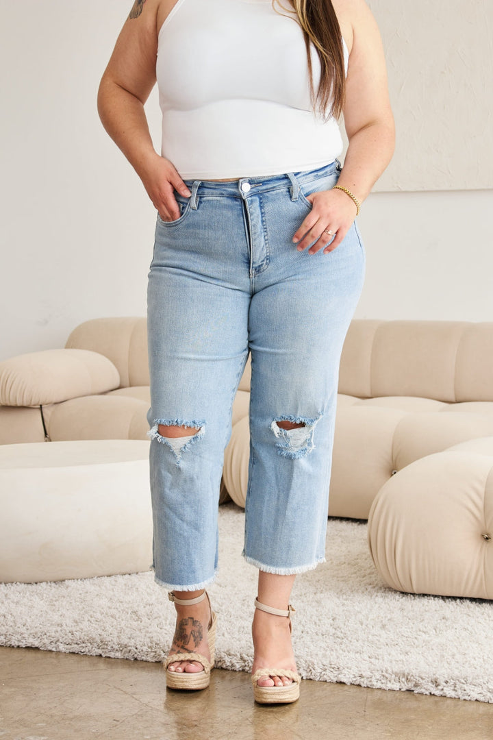 Stilla | Full Size Mavekontrol Høj Talje Raw Hem Distressed Jeans