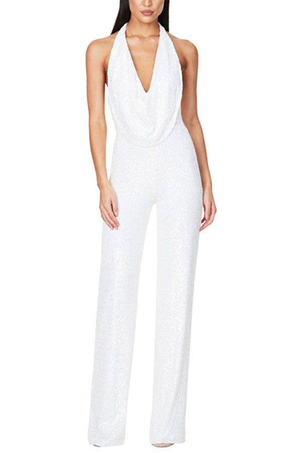 Stilla | Glitrende Halter Stil Draperet Hals Bred Ben Jumpsuit