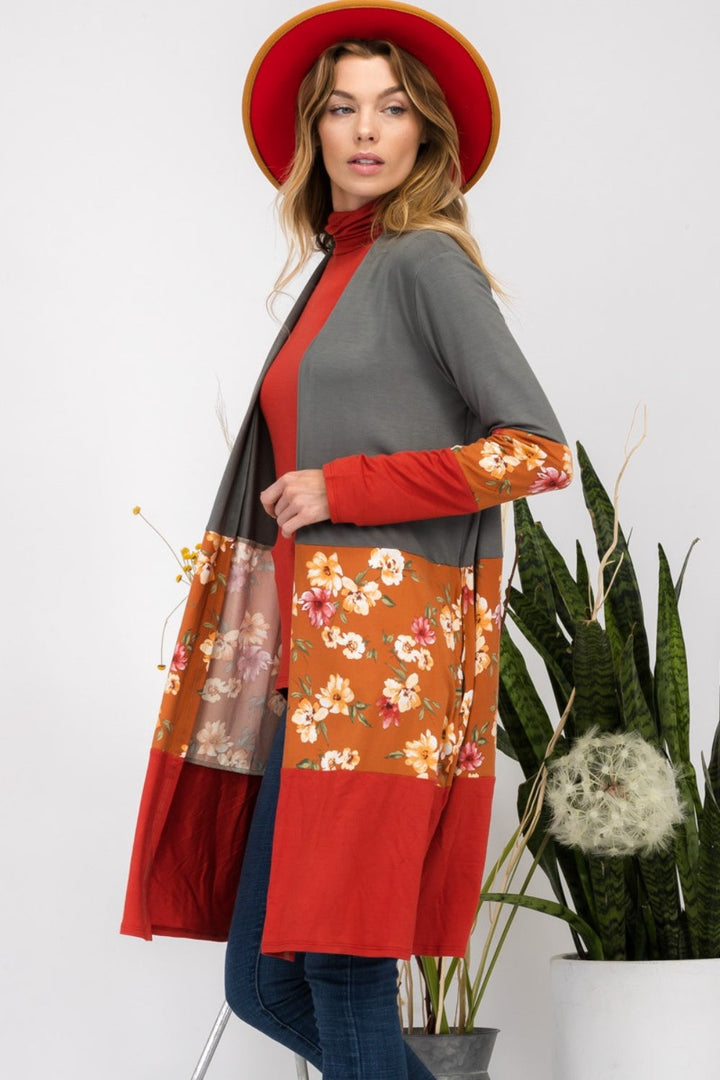 Stilla | Full Size Floral Color Block Åben Front Cardigan