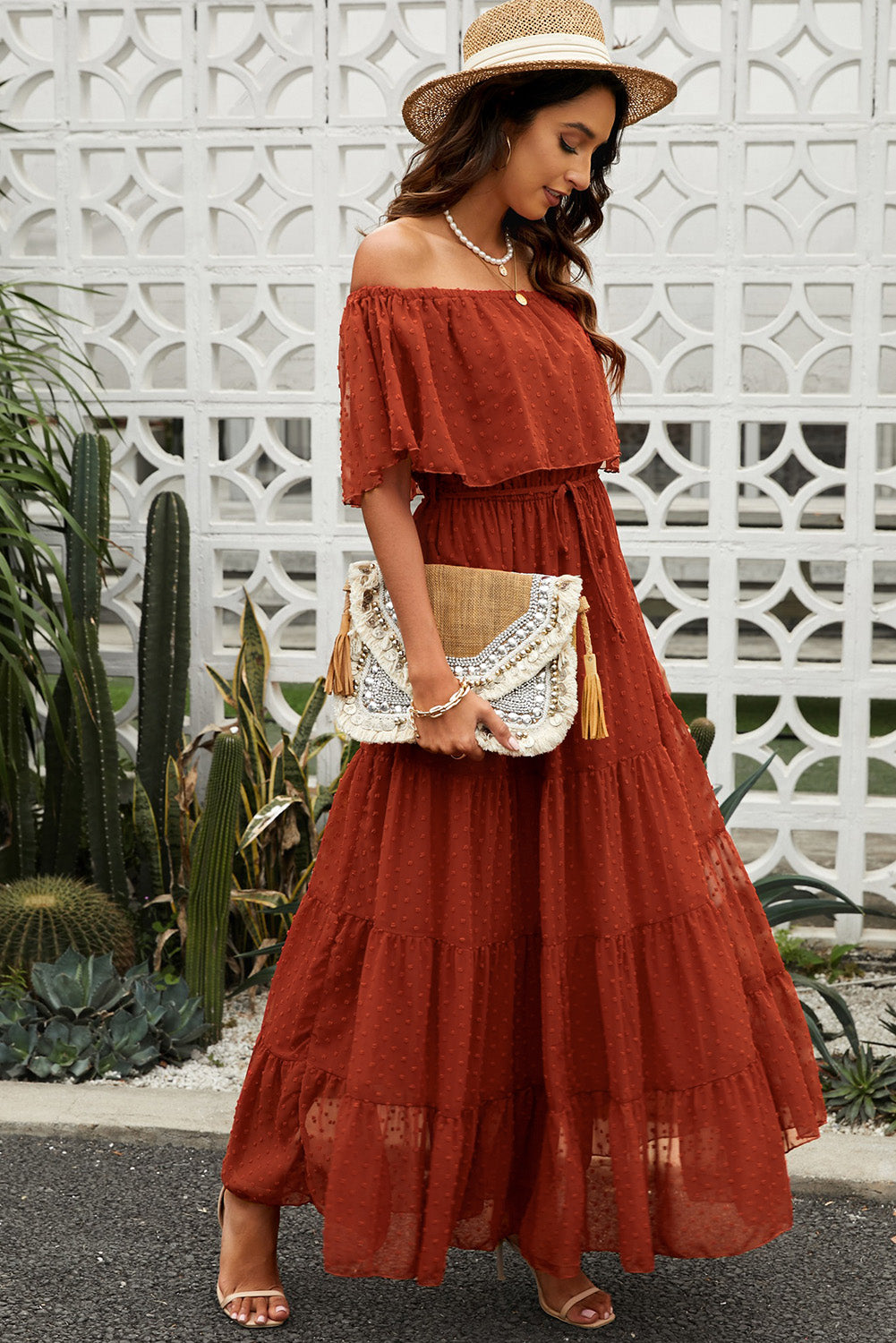 Stilla | Dot Off-Shoulder Lagdelt Maxi Kjole