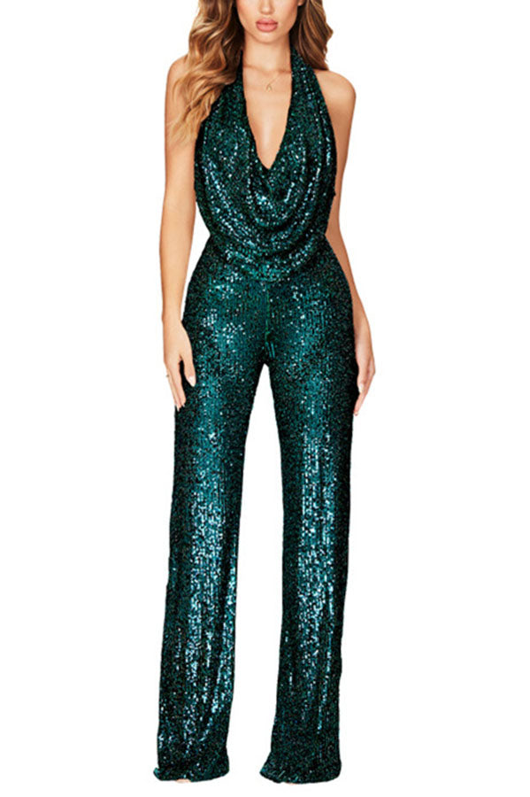 Stilla | Glitrende Halter Stil Draperet Hals Bred Ben Jumpsuit