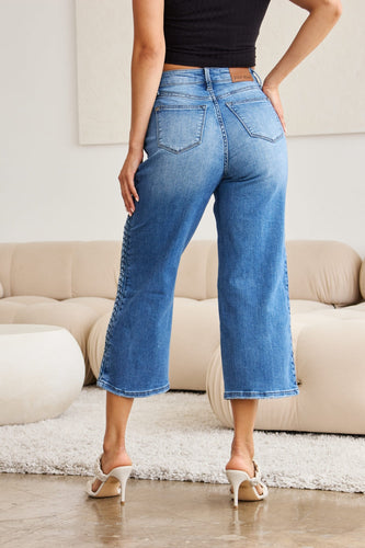 Stilla | Blå Plus Size Flet Side Detalje Bred Ben Jeans