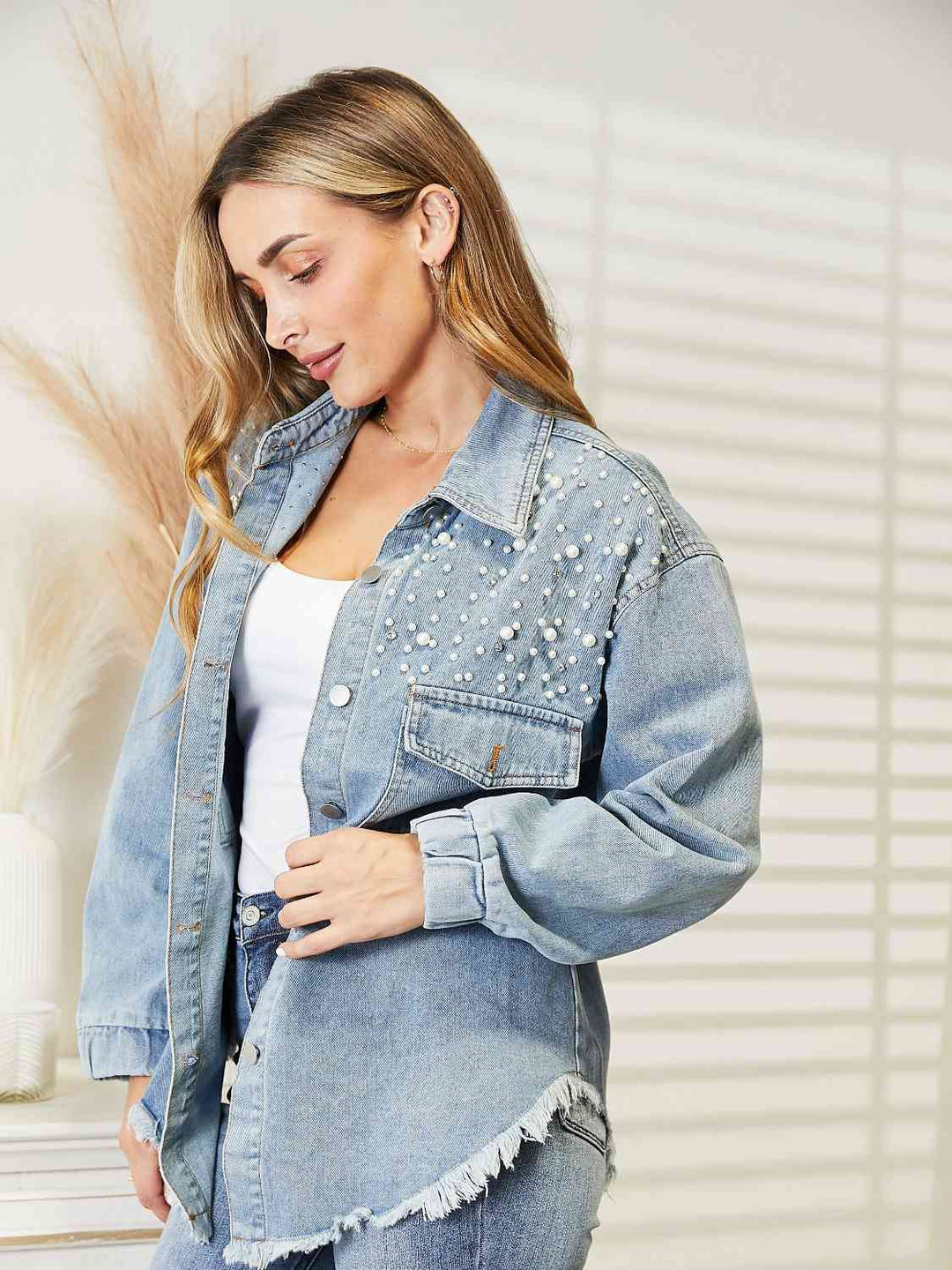 Stilla | Neck Raw Hem Dropped Shoulder Denim Jakke