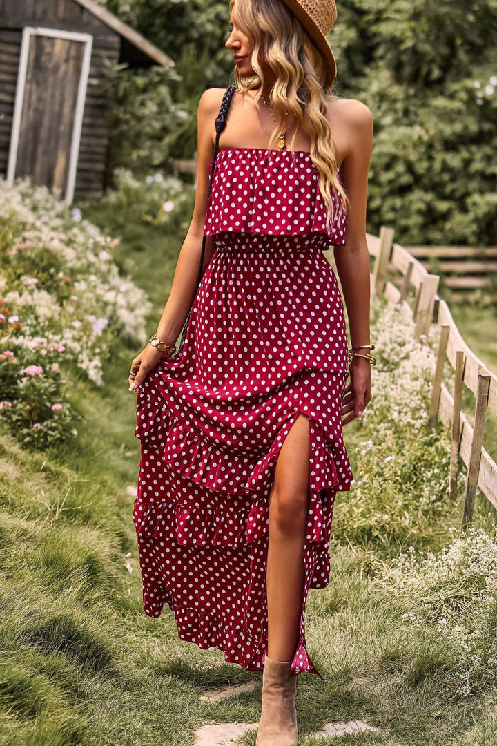 Stilla | Dot Strapless Slidskåret Ruffles Maxi Kjole