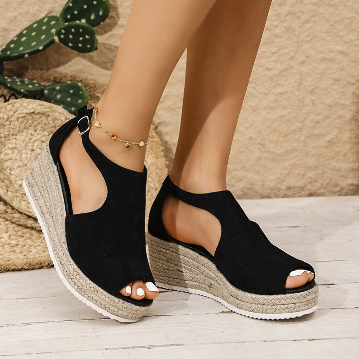 Stilla | Dame Sandaler Med Kilehæl: Sorte, Peep Toe, Skridsikre, Komfortable, Sommer