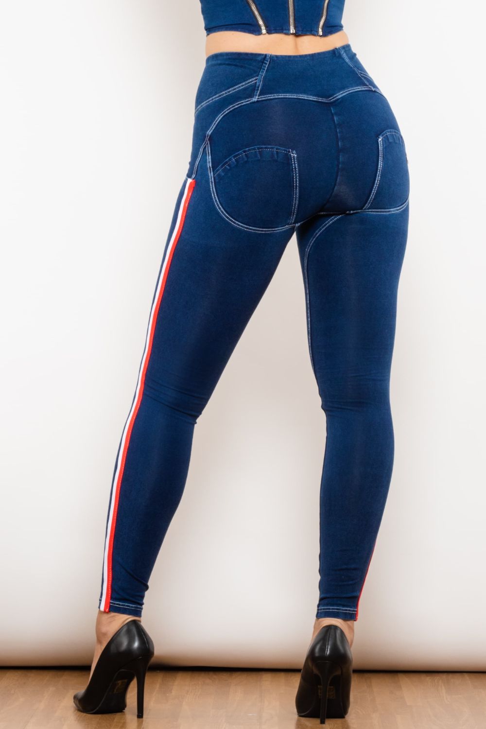 Stilla | Stribet Knappet Høj Talje Skinny Jeans