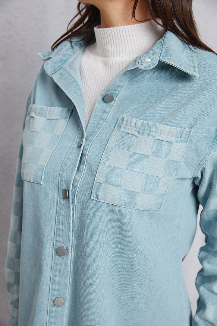 Stilla | Hem Tjekket Faldet Skulder Denim Jakke
