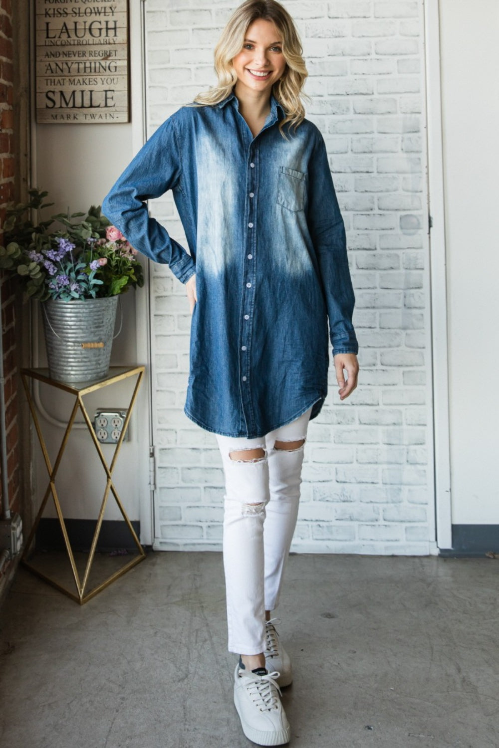 Stilla | Pocketed Button Up Vasket Denim Skjorte