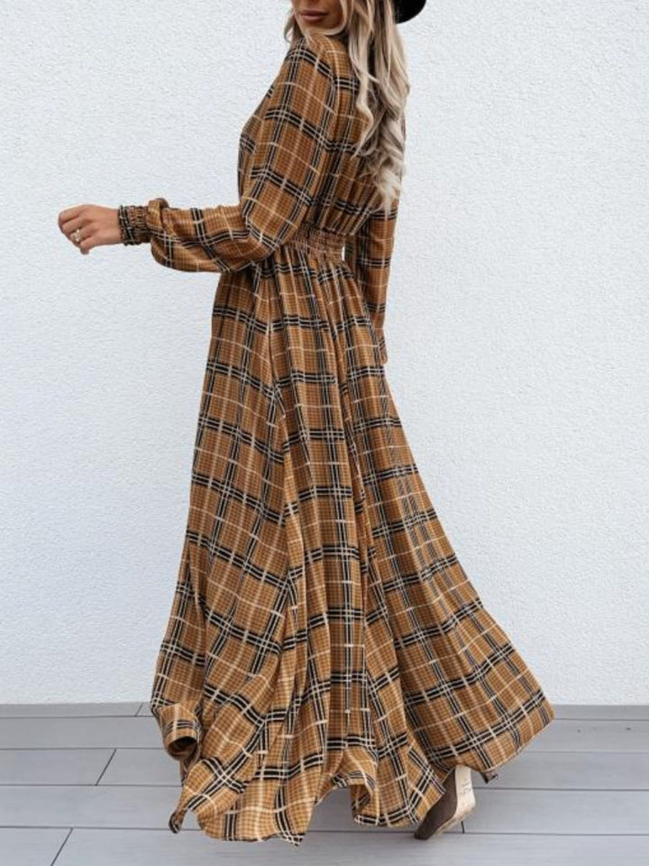 Stilla | Plaid Tie Neck Lange Ærme Maxi Kjole